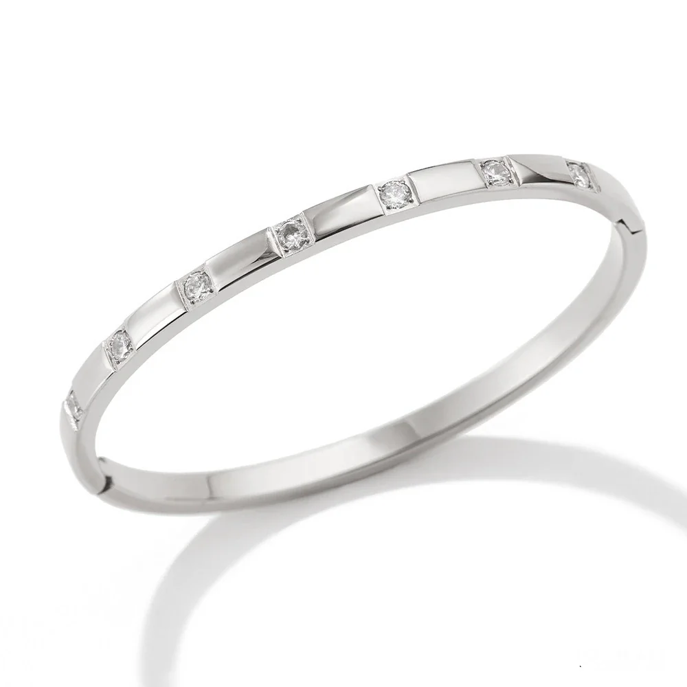 Stainless Steel Bangle with Square Crystal Stations, Gold-Plated - Silver