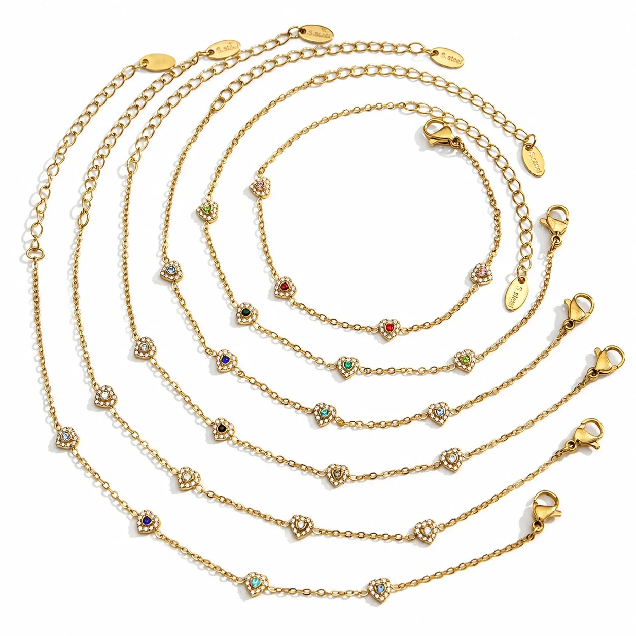 Dainty 316L Stainless Steel Heart CZ Cable Chain PVD Jewelry Set