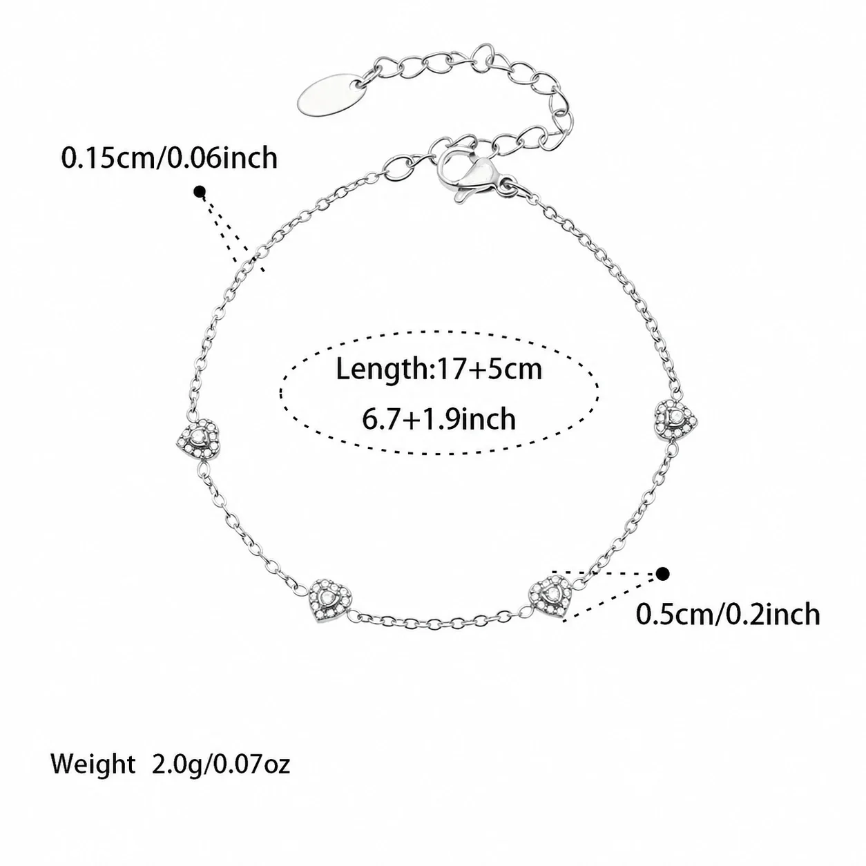 Dainty 316L Heart CZ Cable Chain Jewelry Set - Silver Clear CZ 17+5 cm