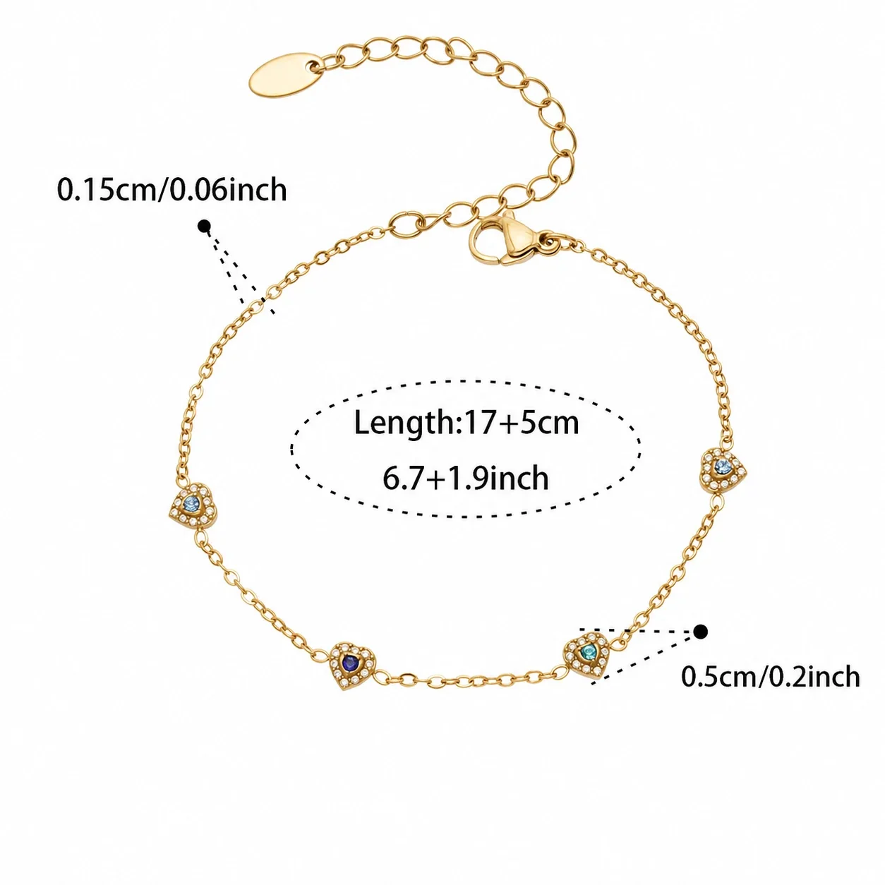 Dainty 316L Heart CZ Cable Chain Jewelry Set - Gold Blue CZ 17+5 cm