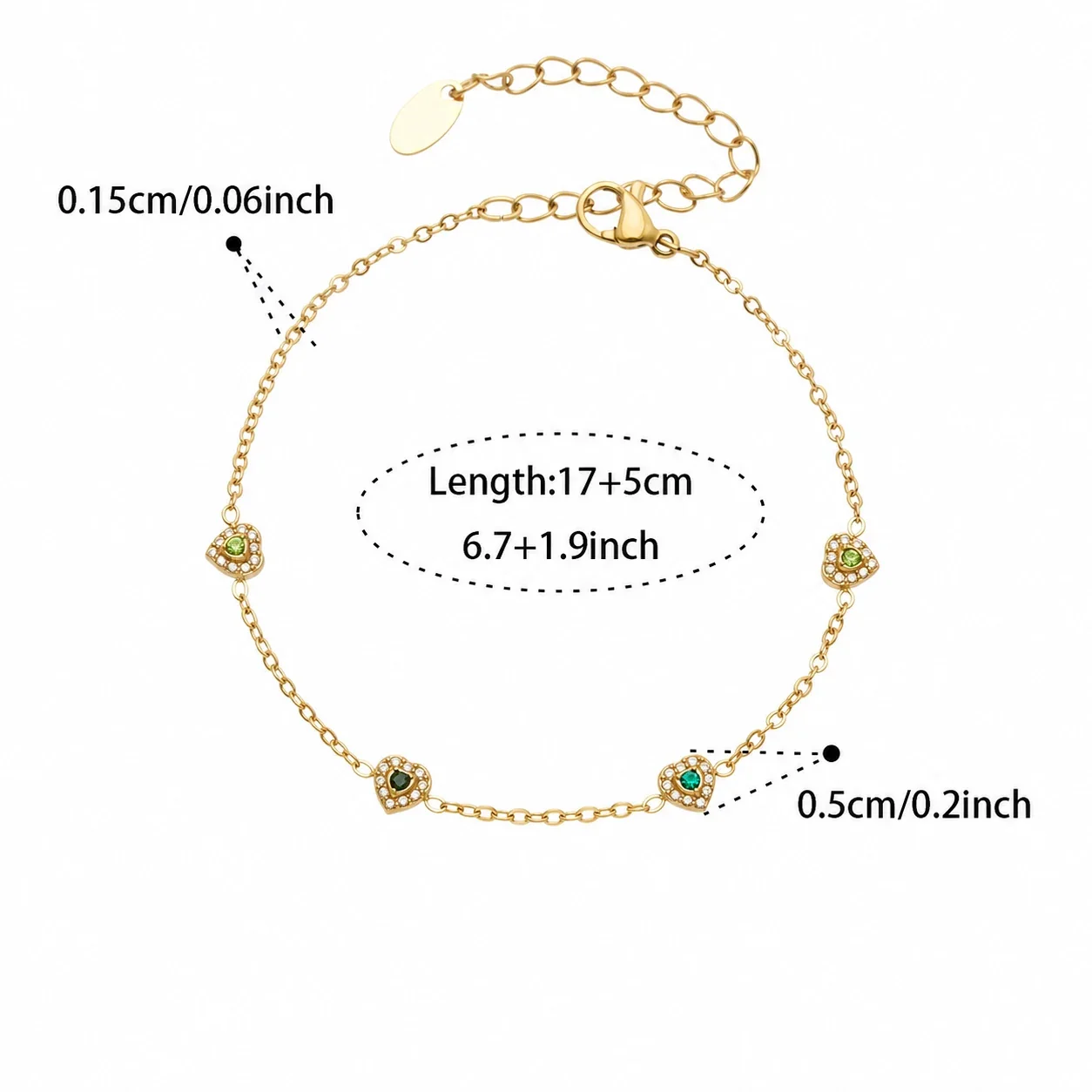 Dainty 316L Heart CZ Cable Chain Jewelry Set - Gold Green CZ 17+5 cm