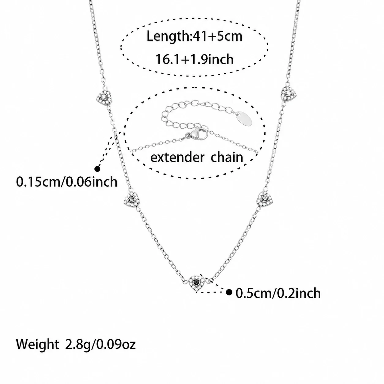 Dainty 316L Heart CZ Cable Chain Jewelry Set - Silver Black CZ 41+5 cm