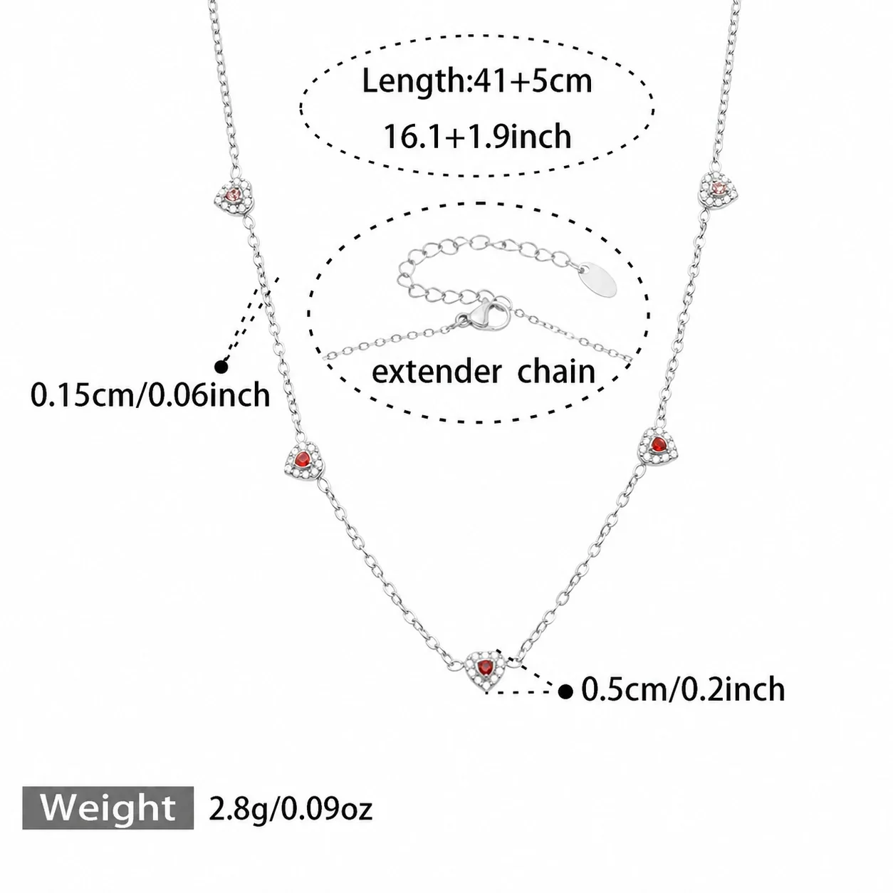 Dainty 316L Heart CZ Cable Chain Jewelry Set - Silver Red CZ 41+5 cm