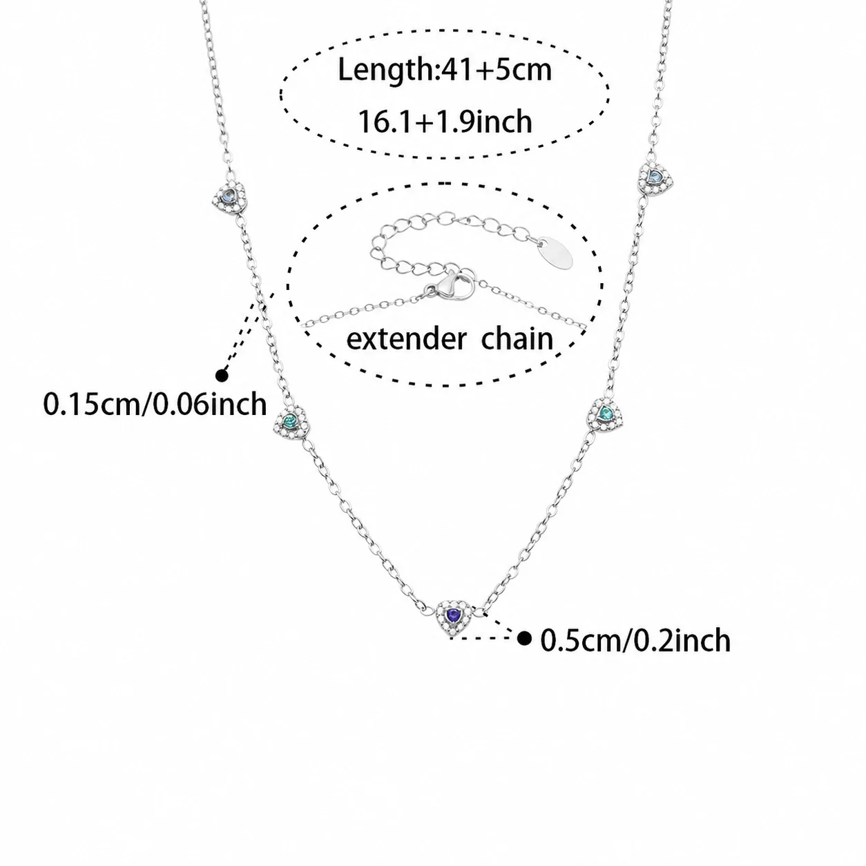 Dainty 316L Heart CZ Cable Chain Jewelry Set - Silver Green CZ 41+5 cm