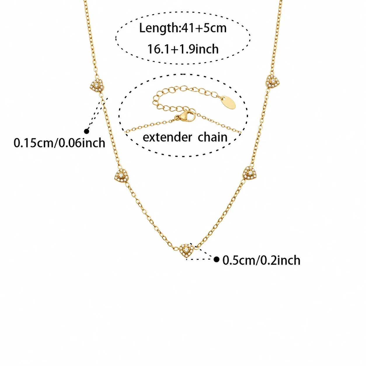 Dainty 316L Heart CZ Cable Chain Jewelry Set - Gold Clear CZ 41+5 cm