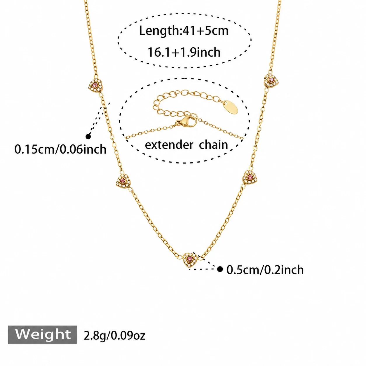 Dainty 316L Heart CZ Cable Chain Jewelry Set - Gold Pink CZ 41+5 cm