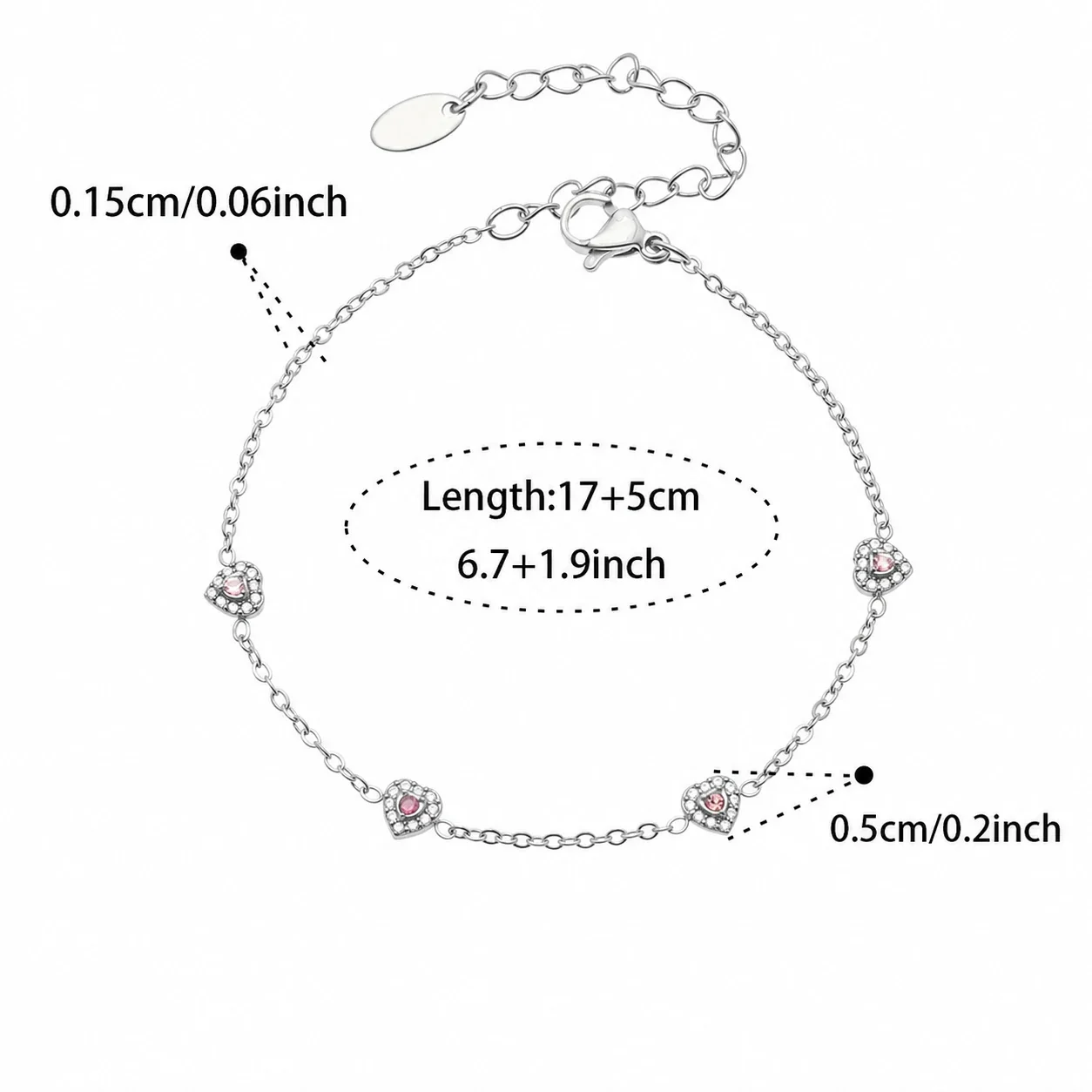 Dainty 316L Heart CZ Cable Chain Jewelry Set - Silver Pink CZ 17+5 cm