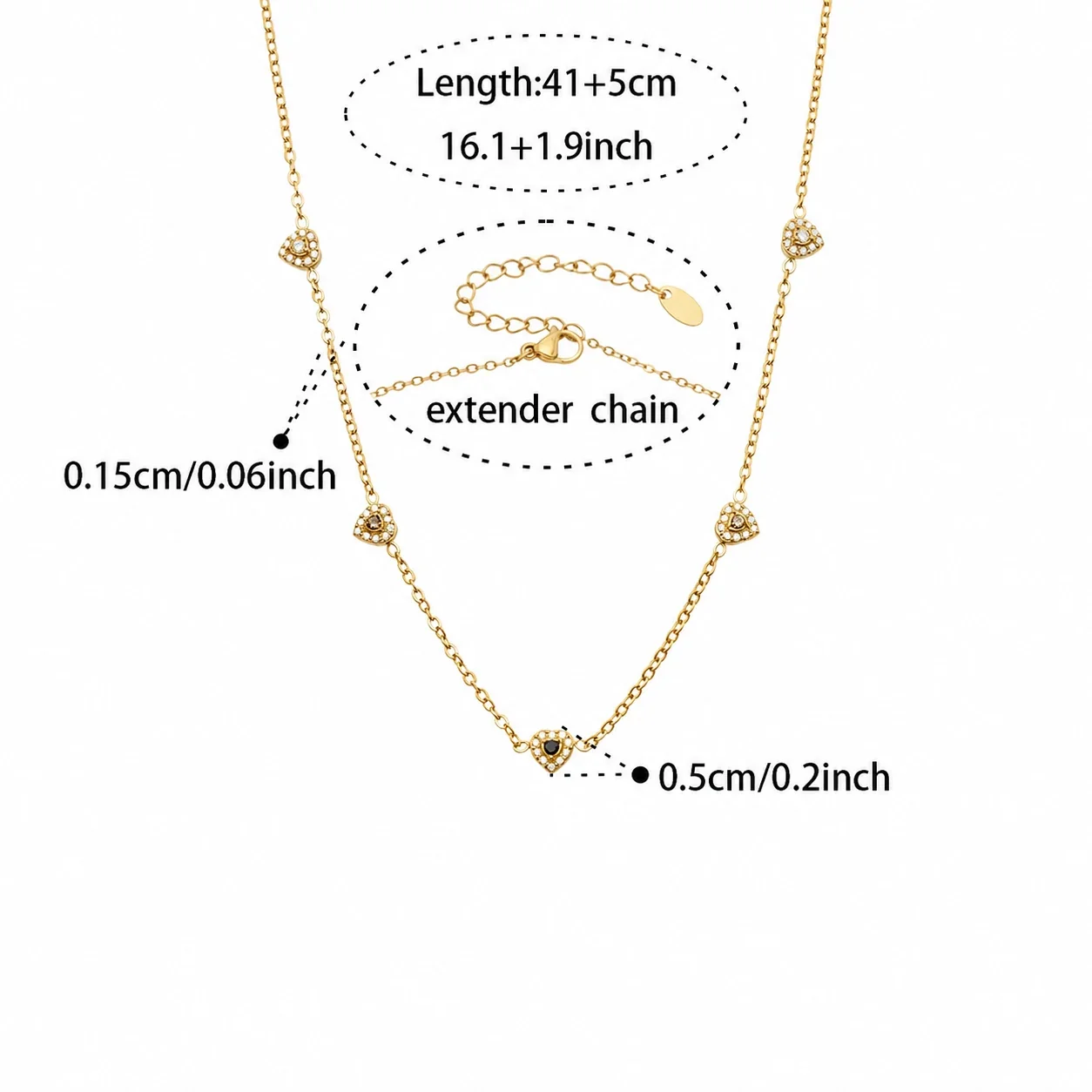 Dainty 316L Heart CZ Cable Chain Jewelry Set - Gold Black CZ 41+5 cm