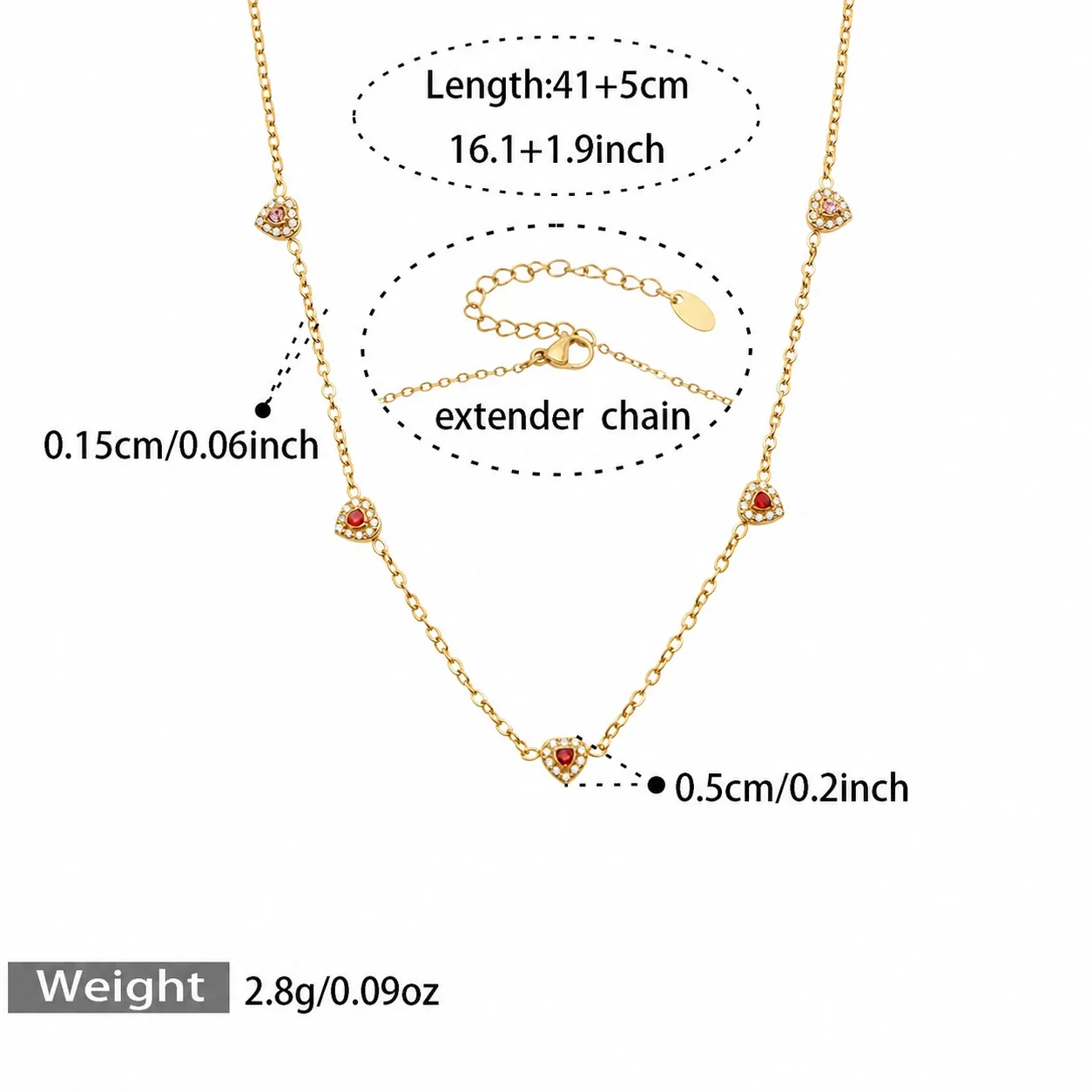Dainty 316L Heart CZ Cable Chain Jewelry Set - Gold Red CZ 41+5 cm