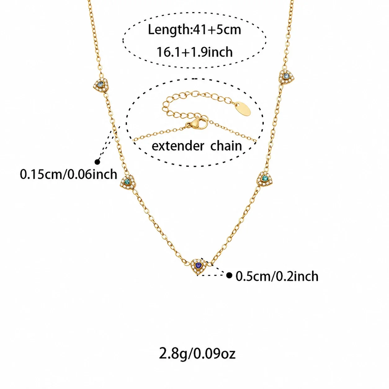 Dainty 316L Heart CZ Cable Chain Jewelry Set - Gold Blue CZ 41+5 cm