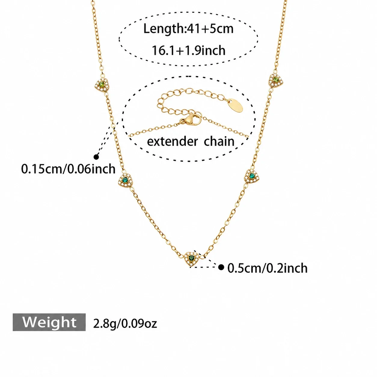 Dainty 316L Heart CZ Cable Chain Jewelry Set - Gold Green CZ 41+5 cm