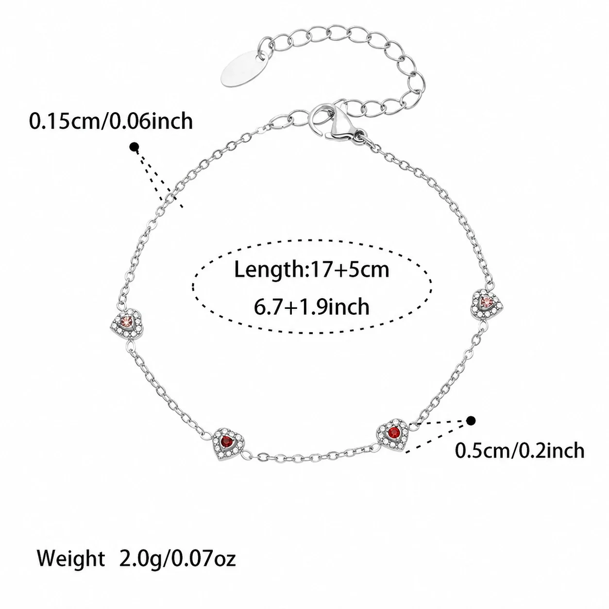 Dainty 316L Heart CZ Cable Chain Jewelry Set - Silver Red CZ 17+5 cm
