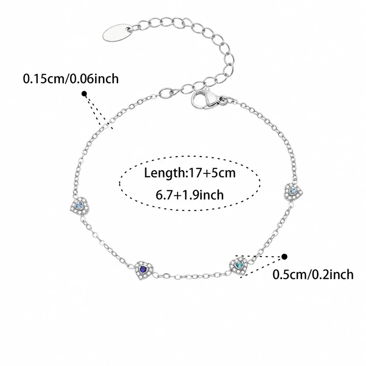 Dainty 316L Heart CZ Cable Chain Jewelry Set - Silver Blue CZ 17+5 cm