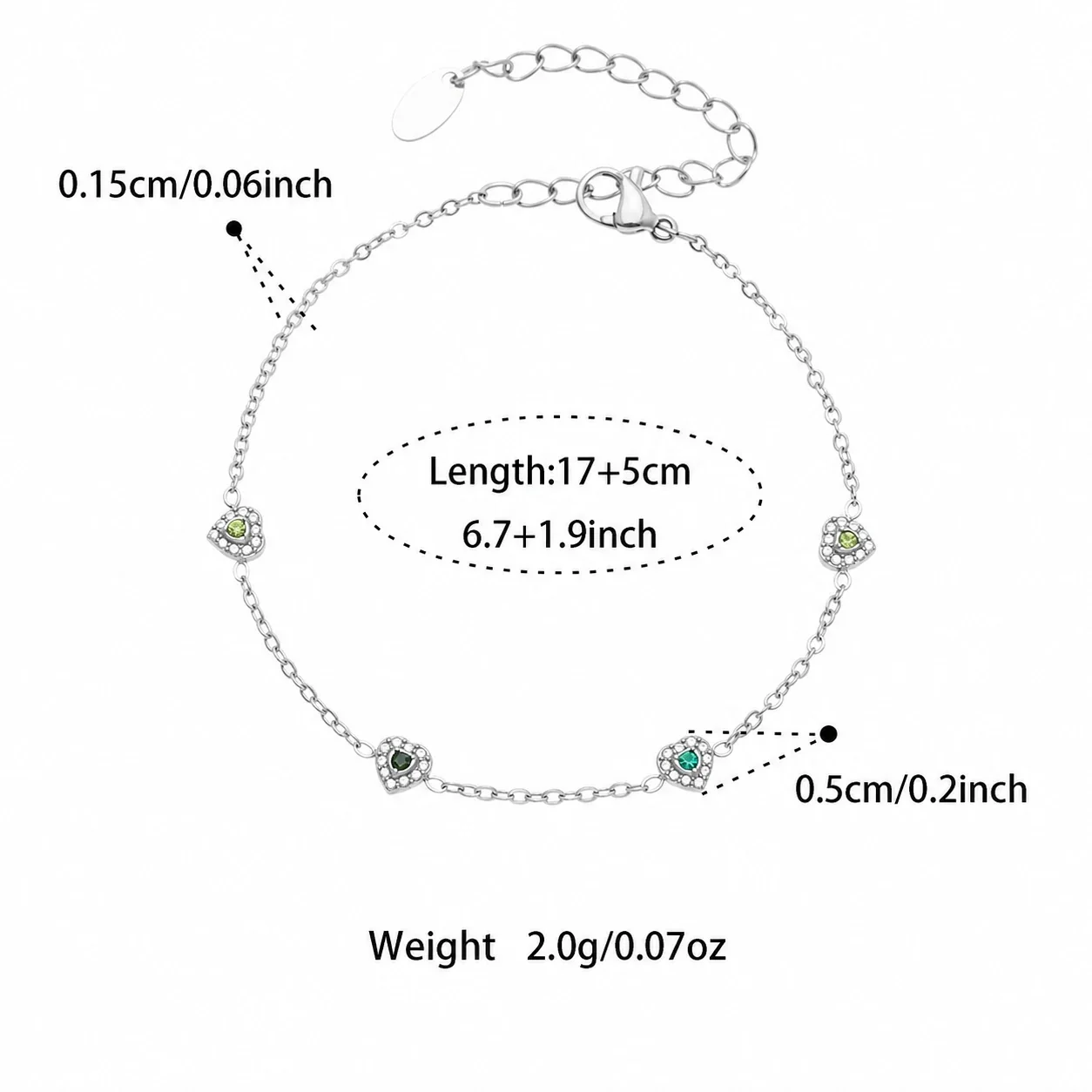 Dainty 316L Heart CZ Cable Chain Jewelry Set - Silver Green CZ 17+5 cm