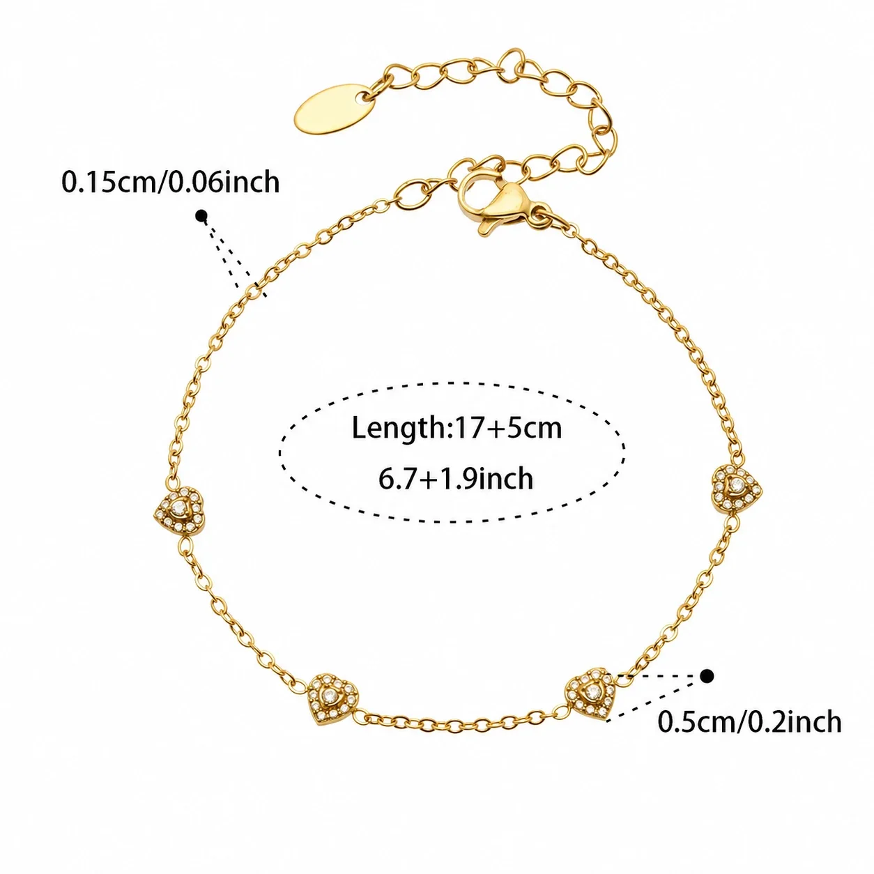 Dainty 316L Heart CZ Cable Chain Jewelry Set - Gold Clear CZ 17+5 cm