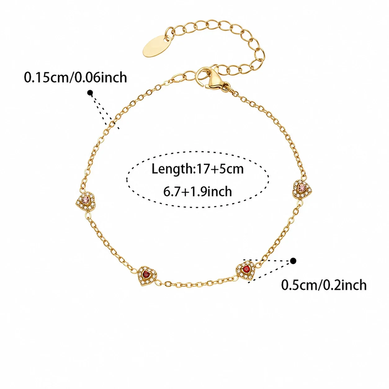 Dainty 316L Heart CZ Cable Chain Jewelry Set - Gold Red CZ 17+5 cm