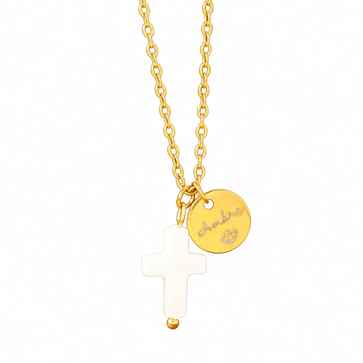 Colar de Cruz com Disco de Inscrição, Aço Inoxidável 316, Banhado a Ouro 18K