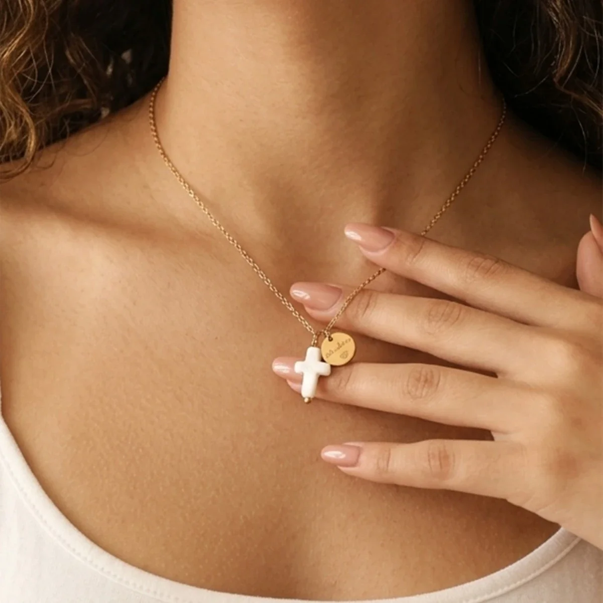 Cross Necklace with Script Disc, 316 Stainless Steel, 18K gold-plated