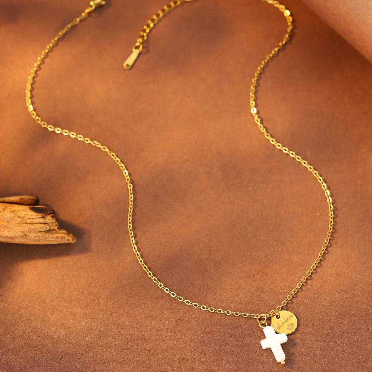 Cross Necklace with Script Disc, 316 Stainless Steel, 18K gold-plated