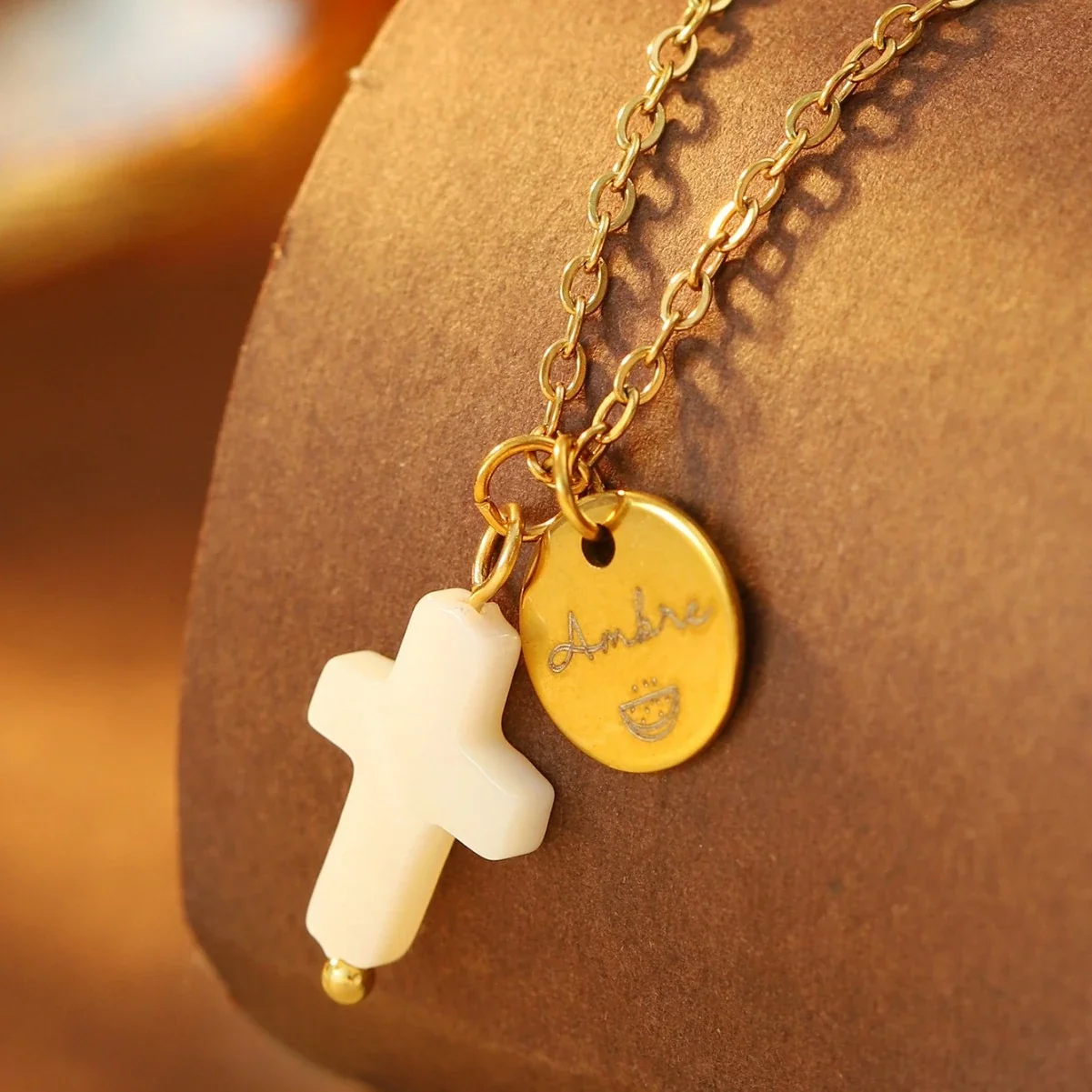Cross Necklace with Script Disc, 316 Stainless Steel, 18K gold-plated