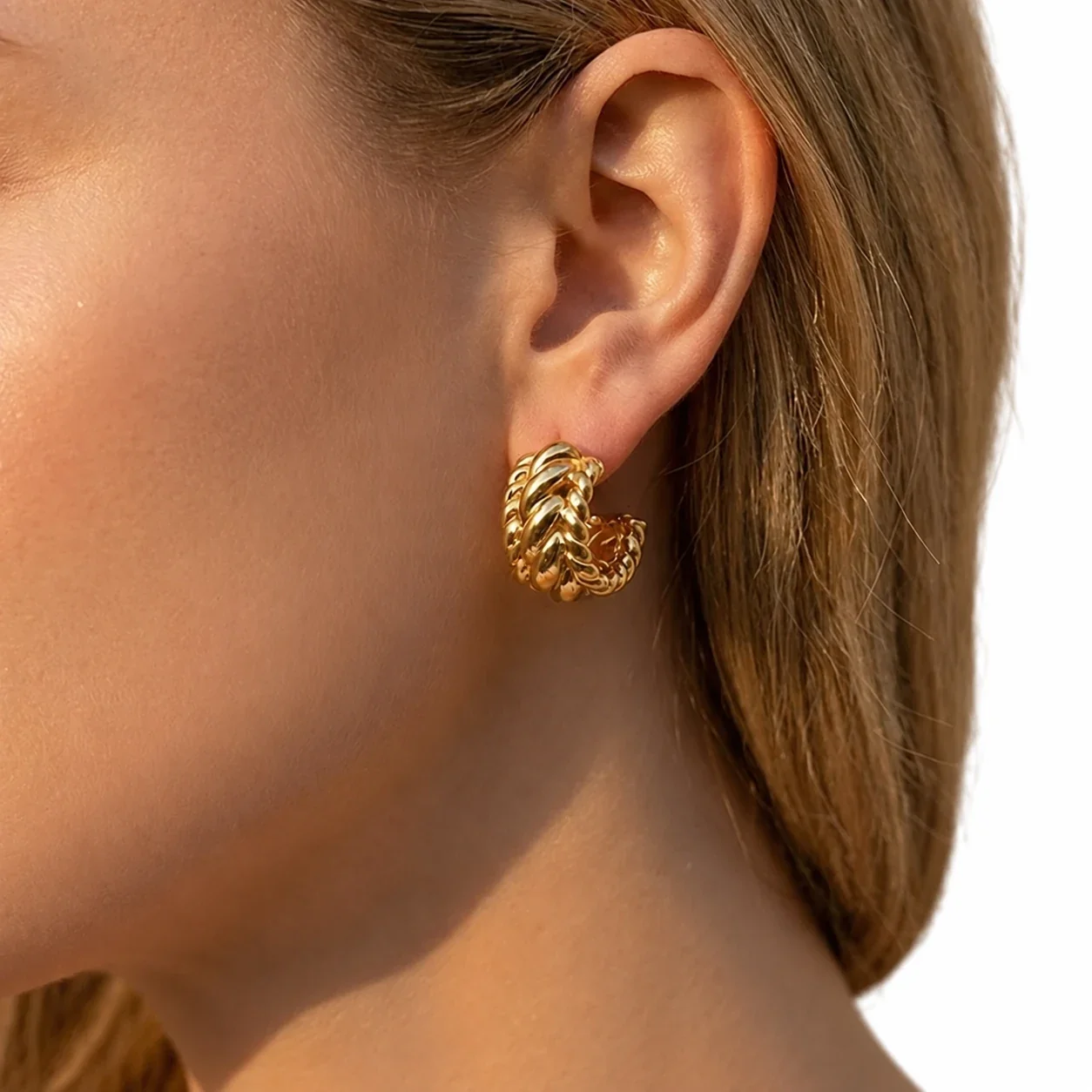 Hoop Earrings with Braided Curb Links, Stainless Steel