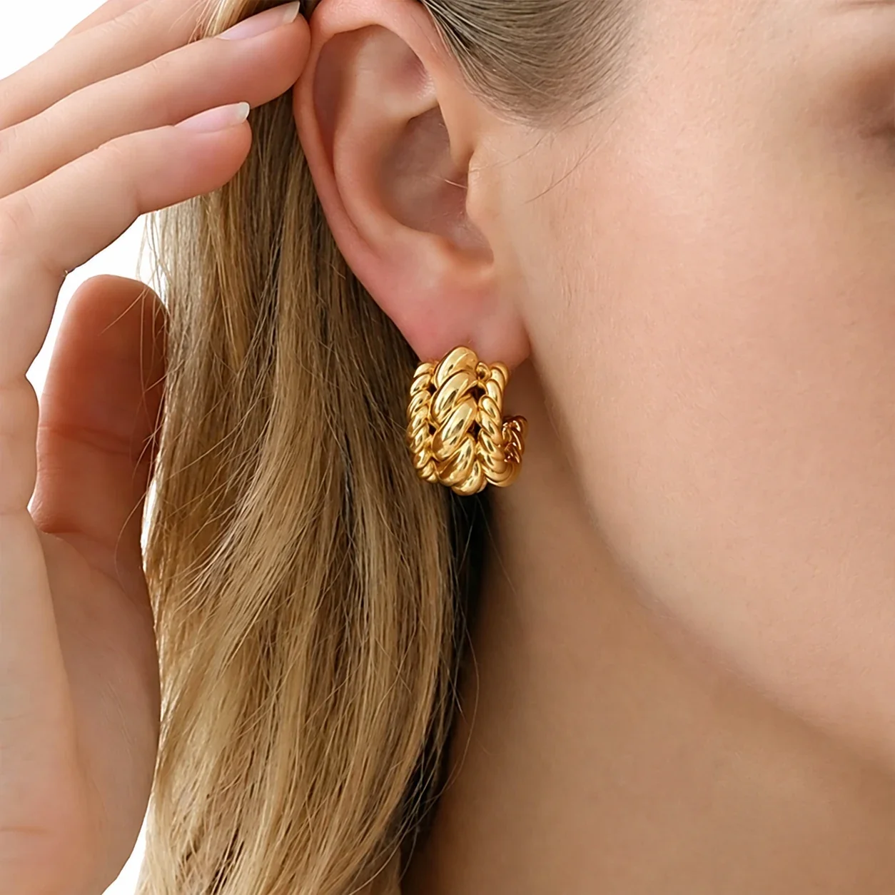 Hoop Earrings with Braided Curb Links, Stainless Steel