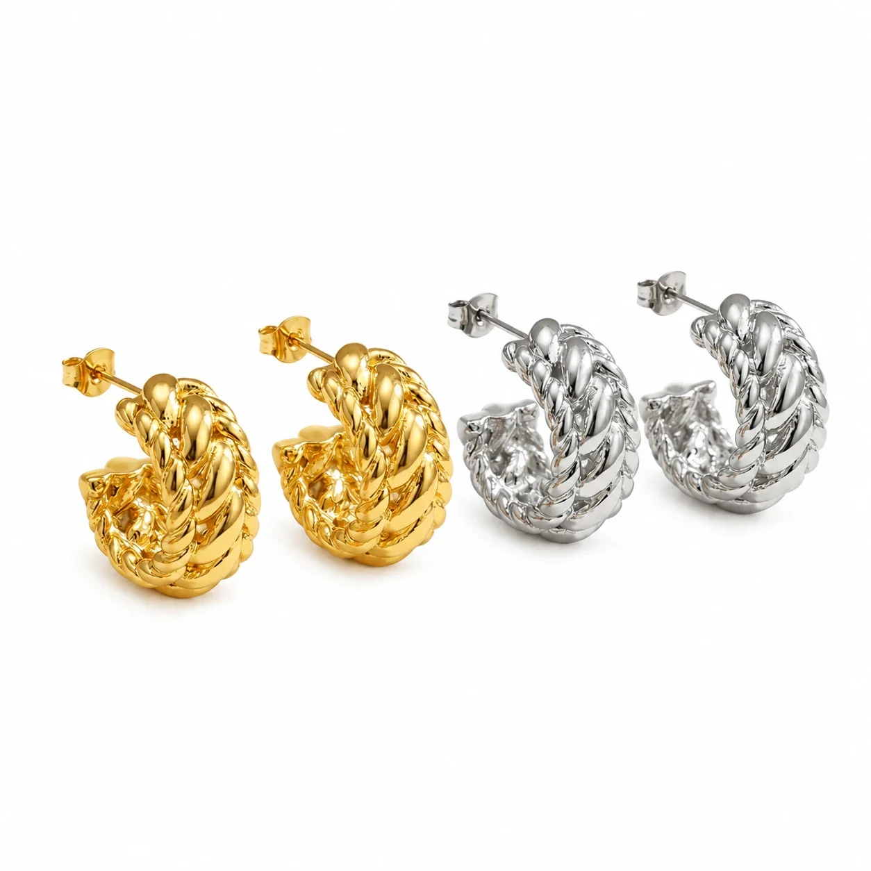 Hoop Earrings with Braided Curb Links, Stainless Steel