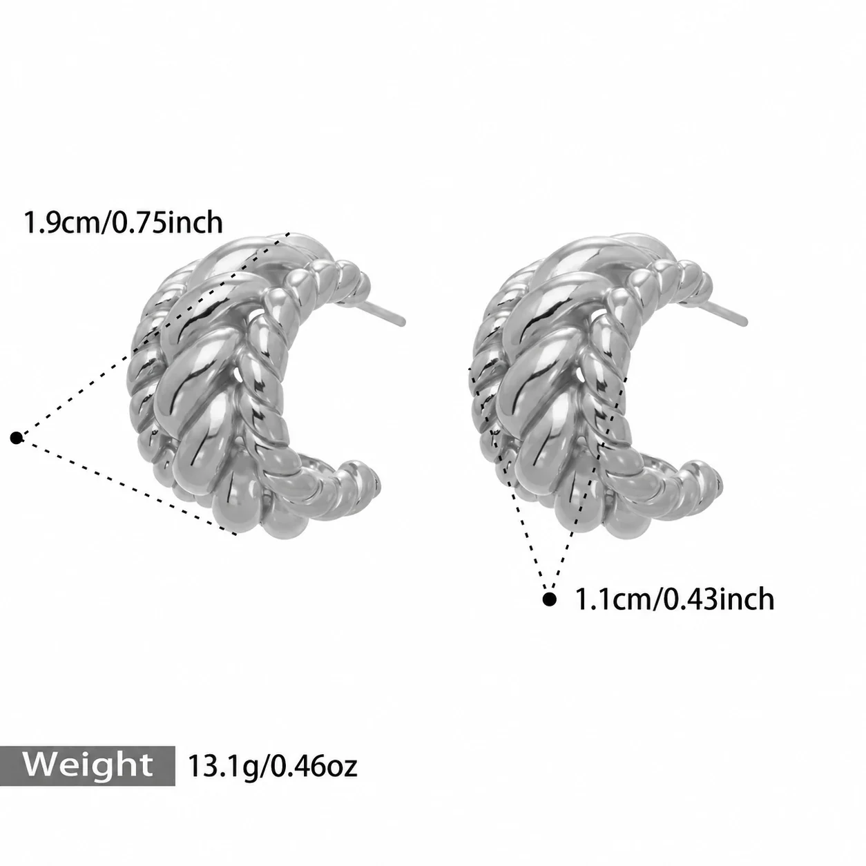 Hoop Earrings with Braided Curb Links, Stainless Steel - Silver