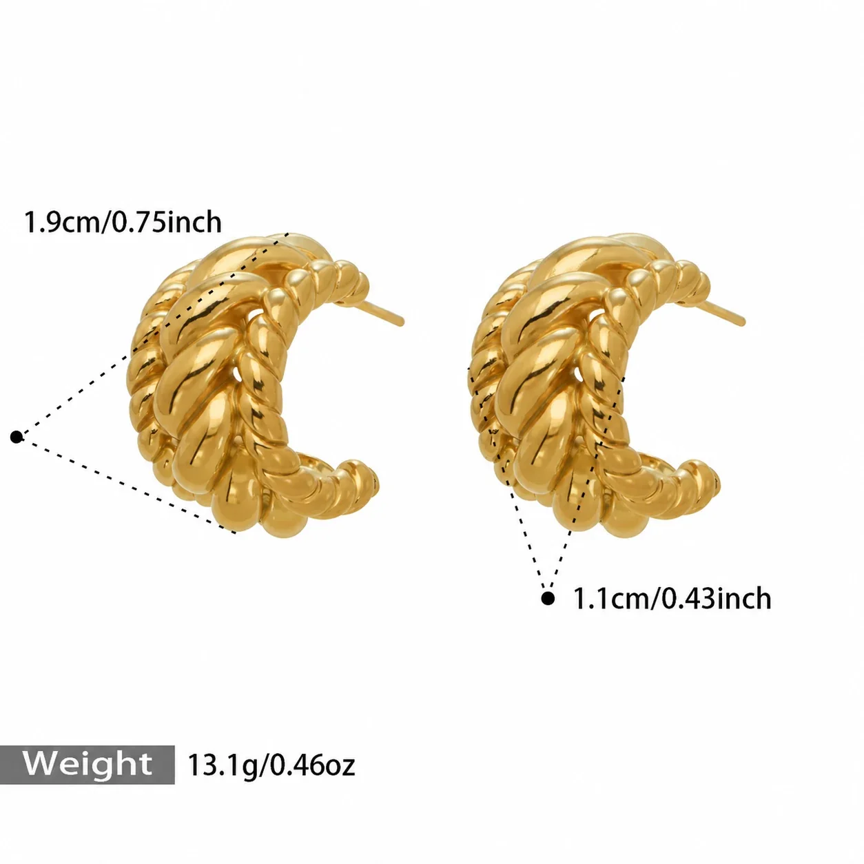 Hoop Earrings with Braided Curb Links, Stainless Steel - Gold