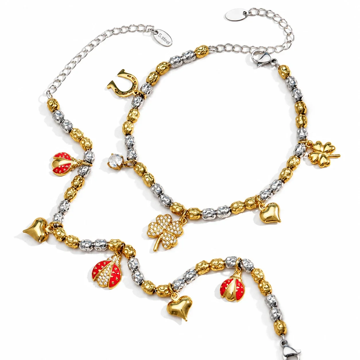 Playful Two-Tone 316L Stainless Steel Bead Charm Bracelet