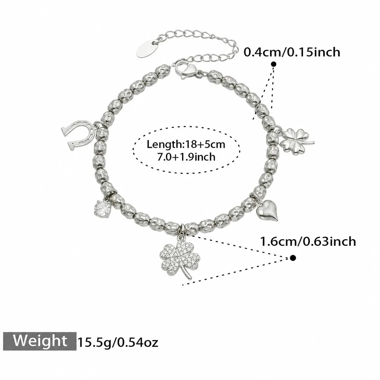 Playful Two-Tone 316L Stainless Steel Bead Charm Bracelet - Silver CZ Multi-Charm 18+5 cm