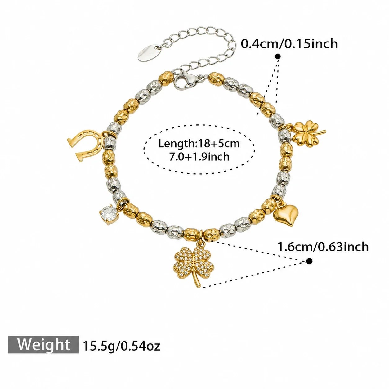 Playful Two-Tone 316L Stainless Steel Bead Charm Bracelet - Two-Tone CZ Multi-Charm 18+5 cm