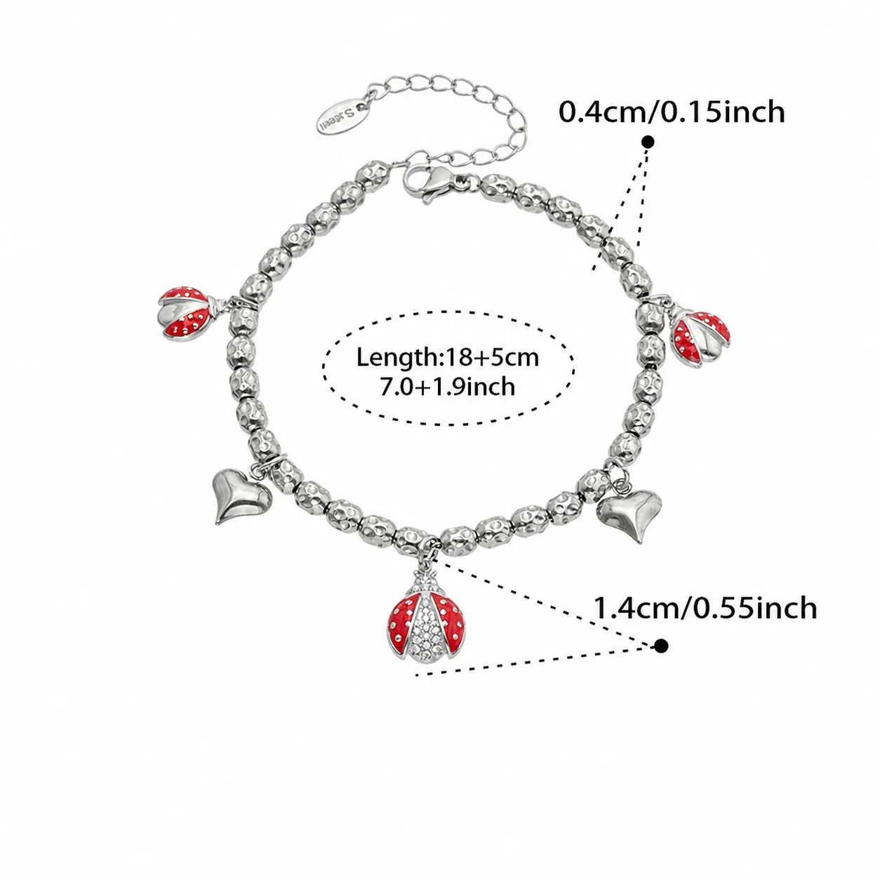 Playful Two-Tone 316L Stainless Steel Bead Charm Bracelet - Silver Ladybug Multi-Charm 18+5 cm