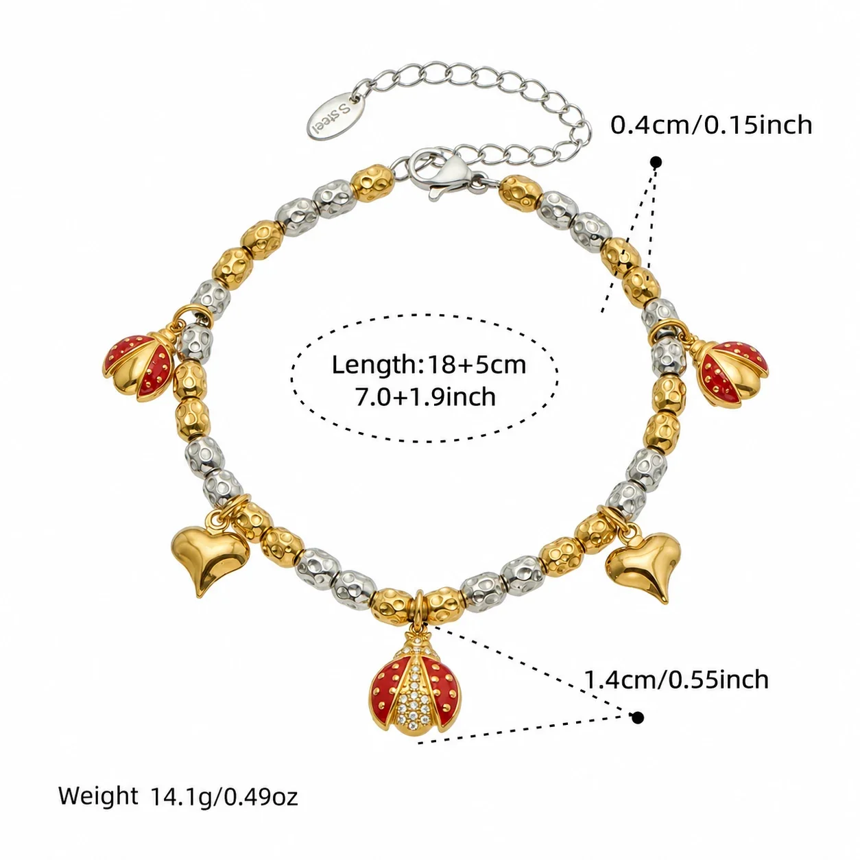 Playful Two-Tone 316L Stainless Steel Bead Charm Bracelet - Two-Tone Ladybug Multi-Charm 18+5 cm