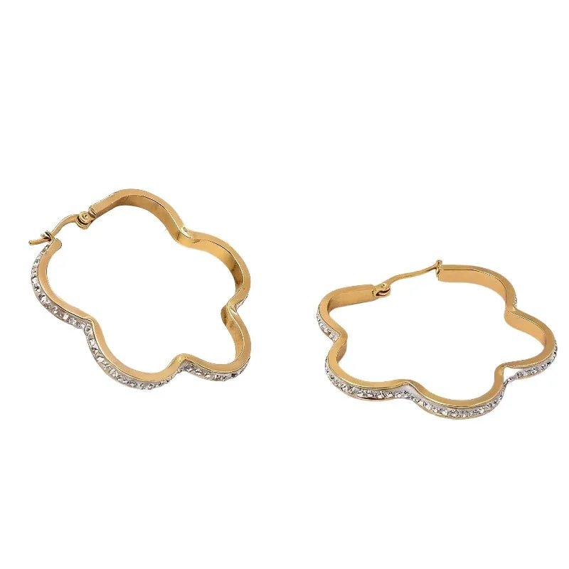 Sculptural Stainless Steel Crystal Wave Hoop Earrings