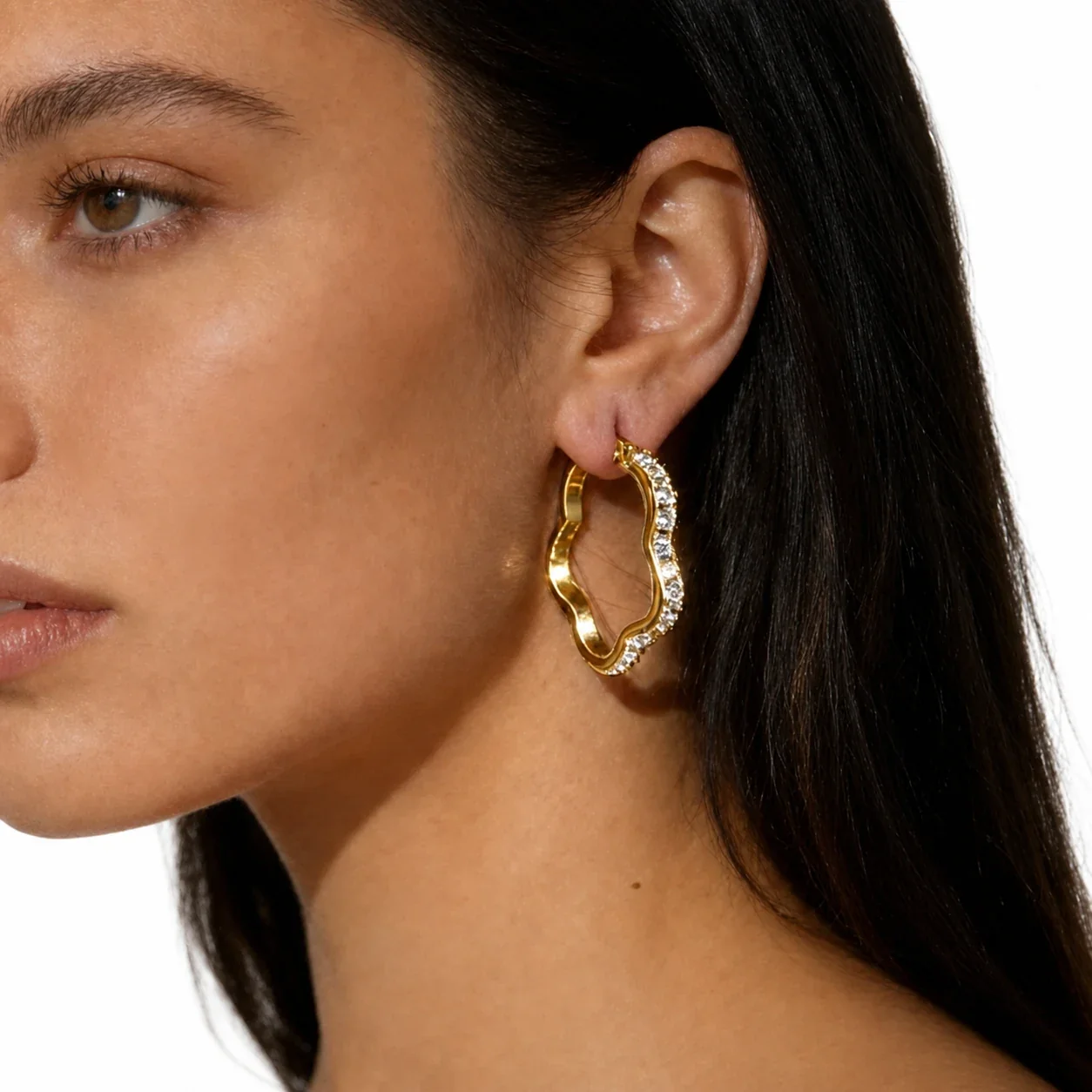 Sculptural Stainless Steel Crystal Wave Hoop Earrings