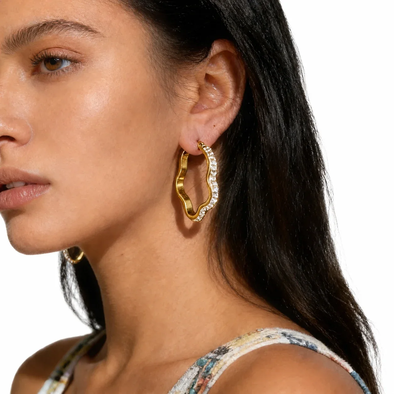 Sculptural Stainless Steel Crystal Wave Hoop Earrings