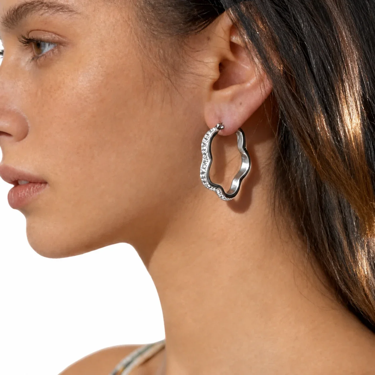 Sculptural Stainless Steel Crystal Wave Hoop Earrings