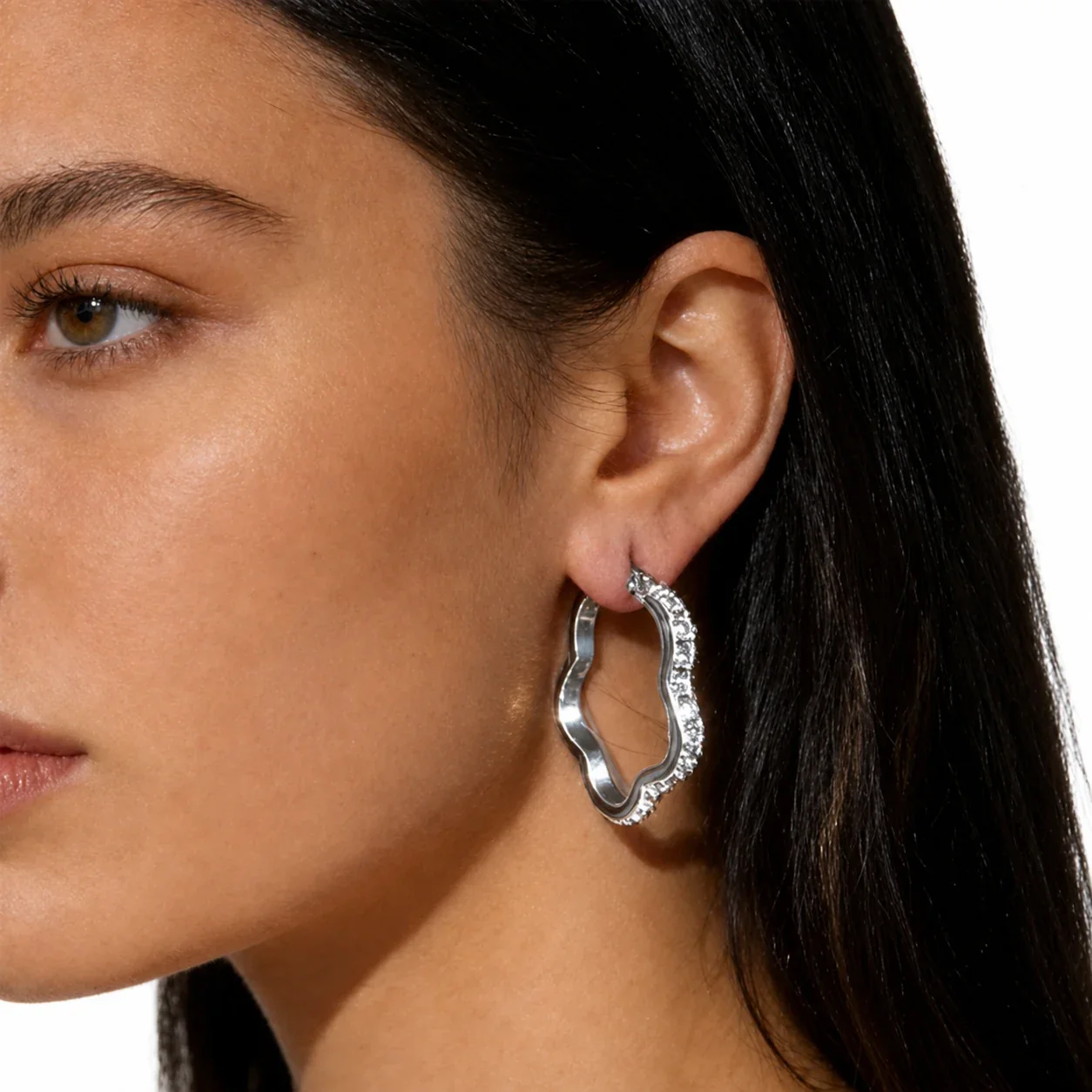Sculptural Stainless Steel Crystal Wave Hoop Earrings