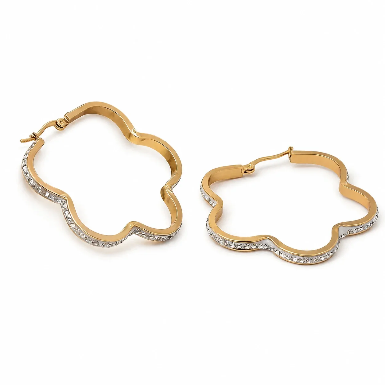 Sculptural Stainless Steel Crystal Wave Hoop Earrings - Gold