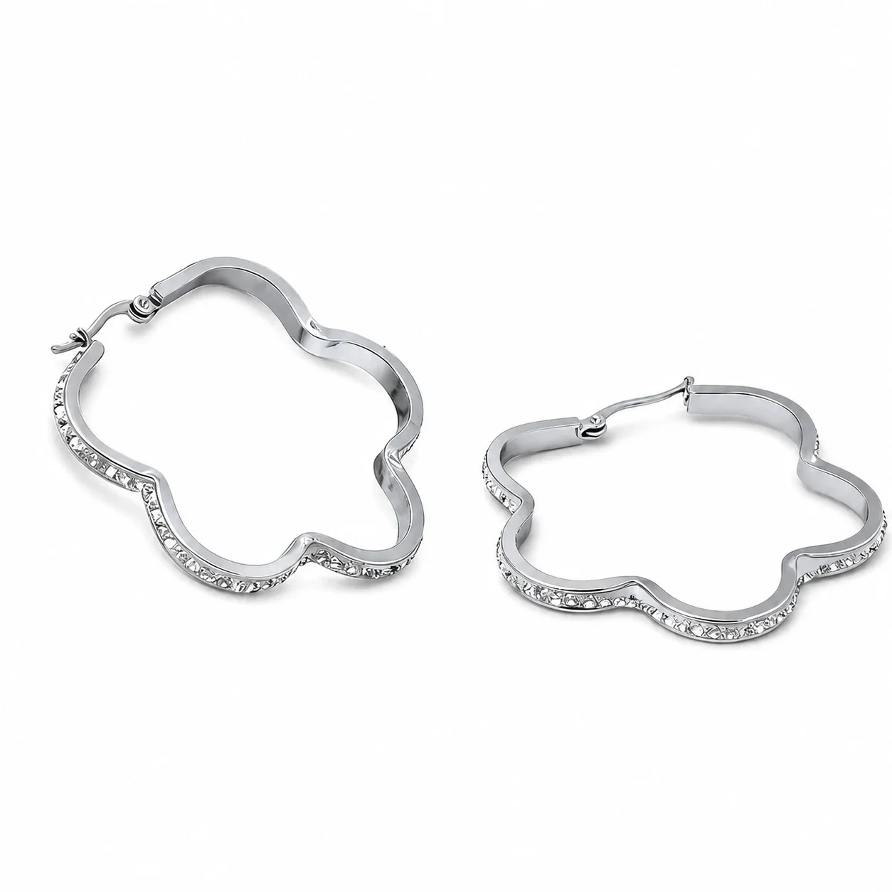 Sculptural Stainless Steel Crystal Wave Hoop Earrings - Silver