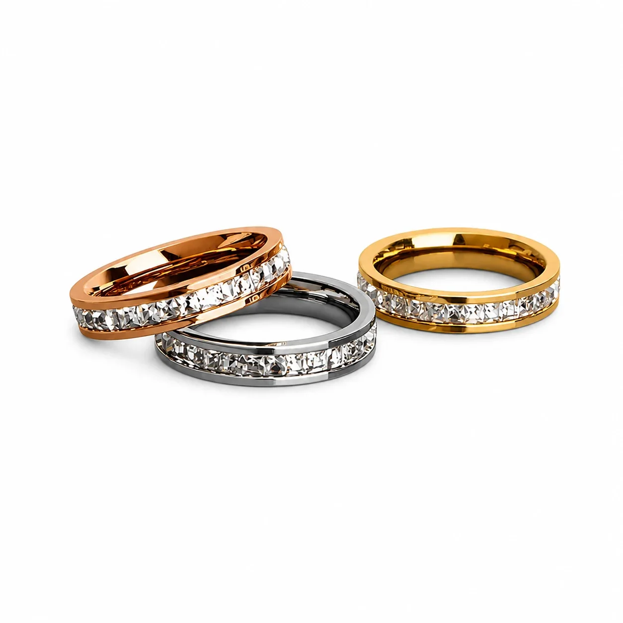 Polished Stainless Steel Channel-Set CZ Band Ring