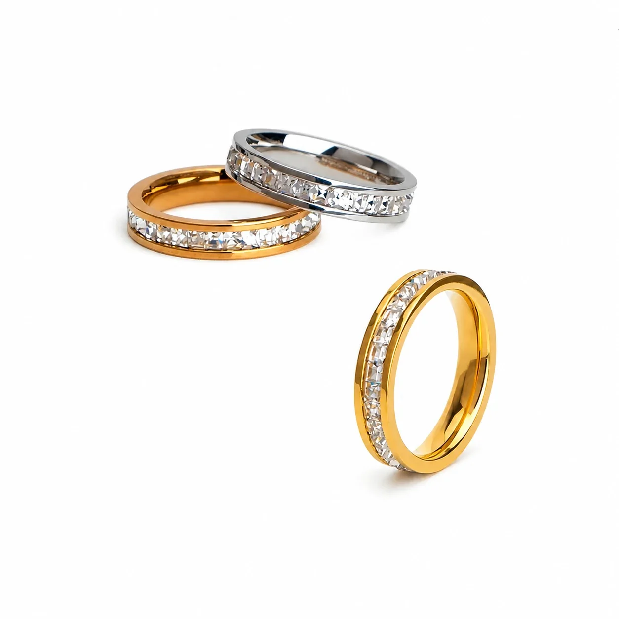 Polished Stainless Steel Channel-Set CZ Band Ring