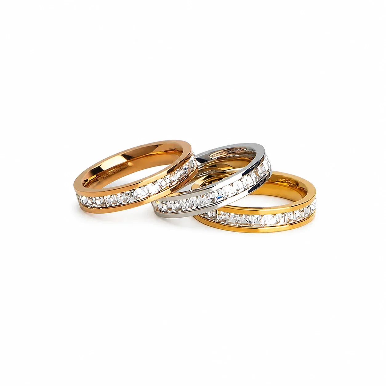 Polished Stainless Steel Channel-Set CZ Band Ring