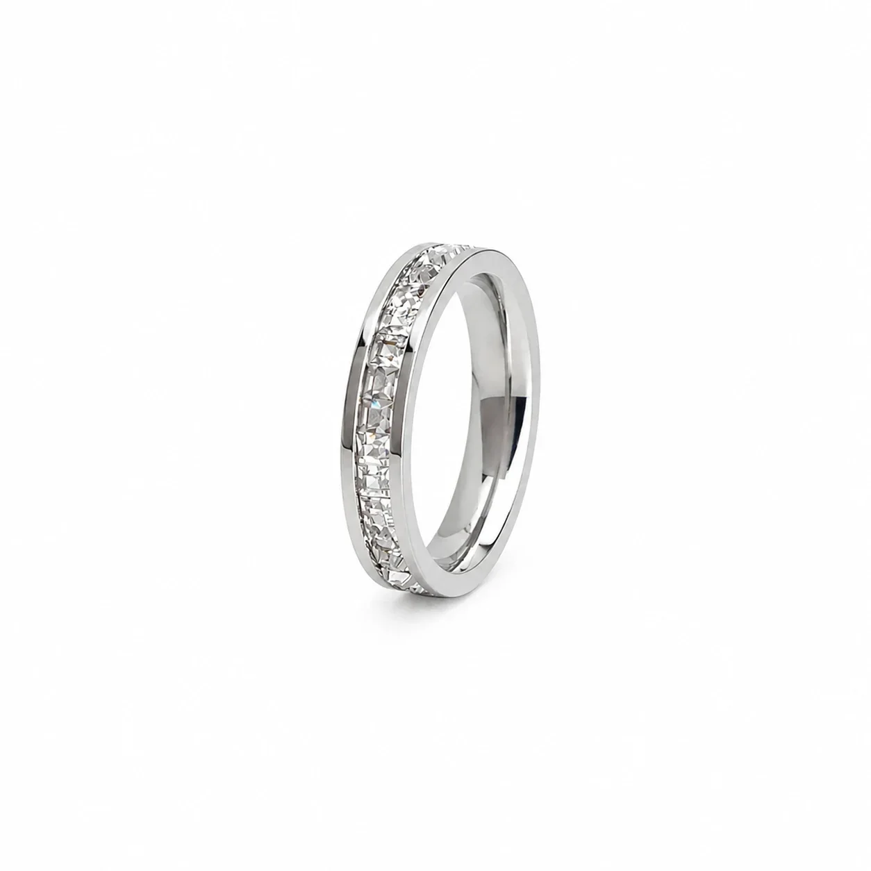 Polished Stainless Steel Channel-Set CZ Band Ring