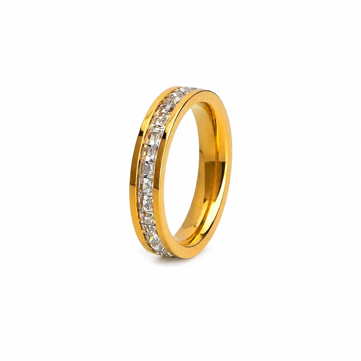 Polished Stainless Steel Channel-Set CZ Band Ring - Gold