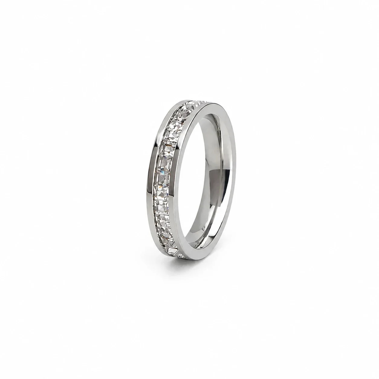 Polished Stainless Steel Channel-Set CZ Band Ring - Silver