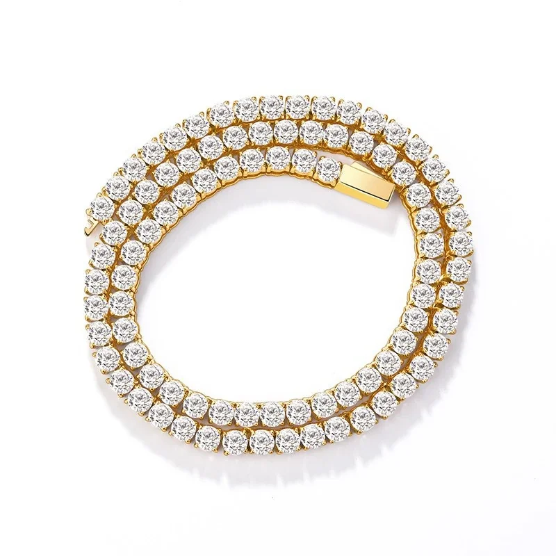 Tennis Necklace Round Crystal Stations Gold PVD 316 Stainless Steel - Gold 5 mm 45 cm