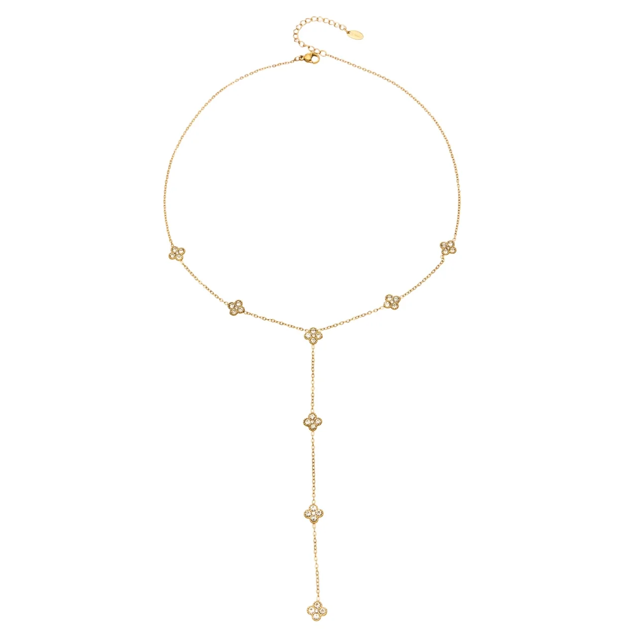 Y-Drop Flower Crystal Necklace, 18K Gold-Plated Stainless Steel