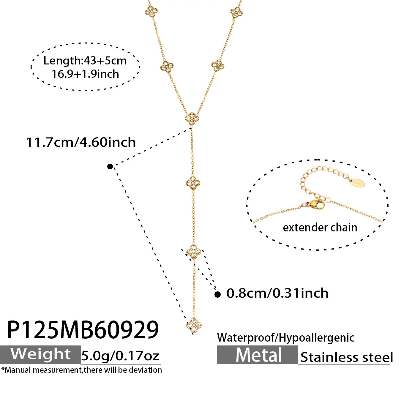 Photo produit : Collier Y tombant fleurs et cristaux, acier inoxydable plaqué or 18K